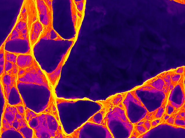 Arctic sea ice in thermal infrared: cold floes, with warmer water in the cracks between them