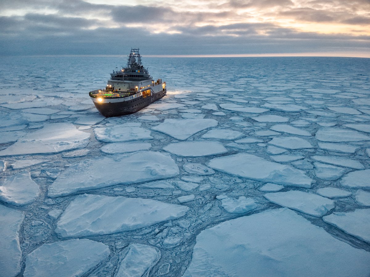 An icebreaker among Arctic sea ice floes, photographed from the thermal drone
