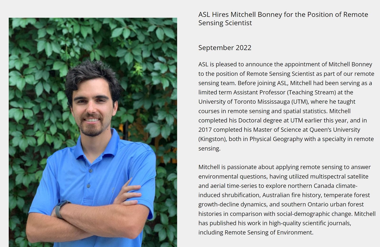 ASL Environmental Sciences announcement of Mitchell Bonney’s appointment