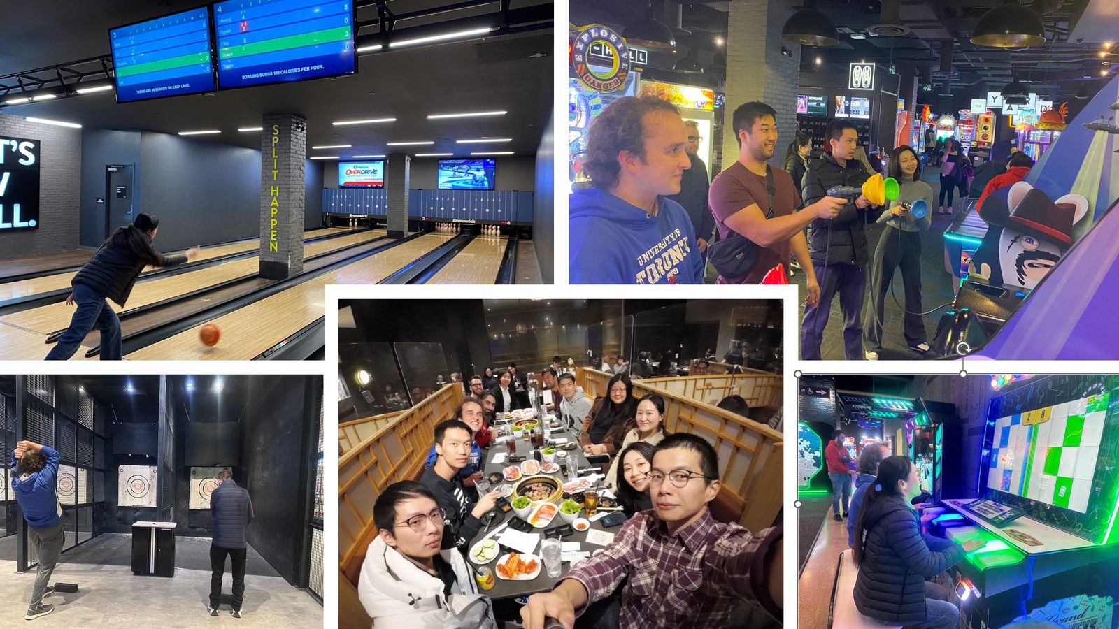 Lab members bowling and sharing a meal during the group activity