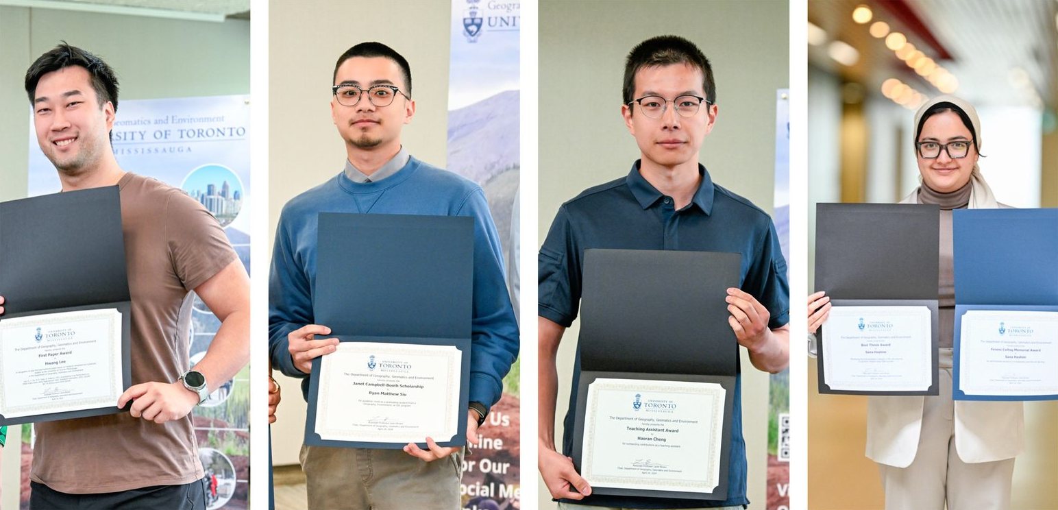 Hwang Lee, Ryan Siu, Haoran Cheng and Sana Hashim holding their award certificates