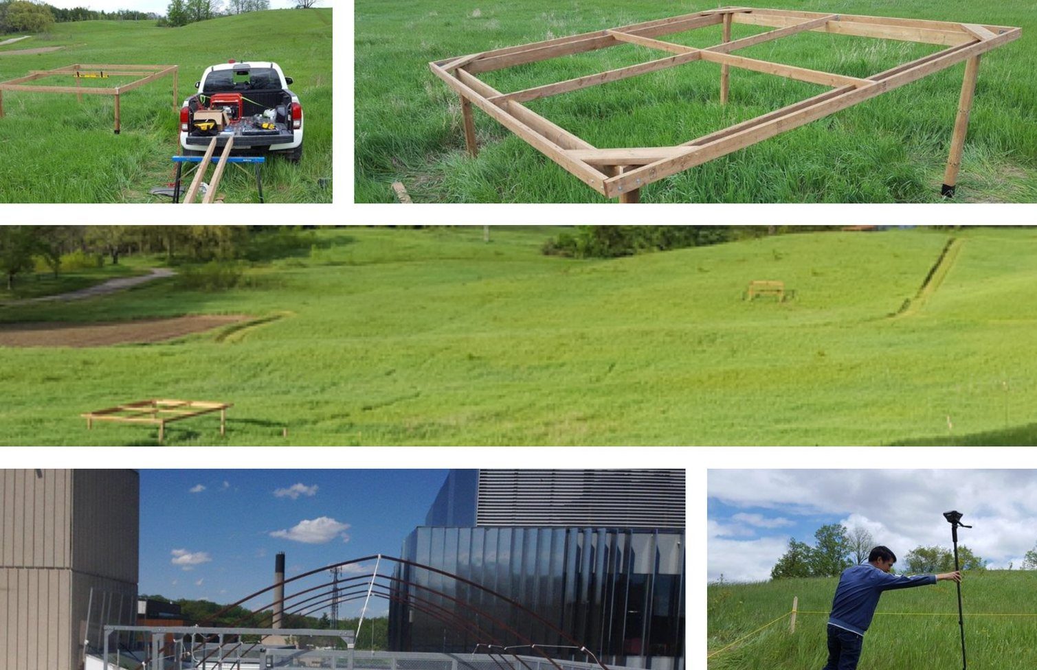 Wooden rain-out shelter frames in a grassland field, a shelter frame at the university and a team member holding a survey pole