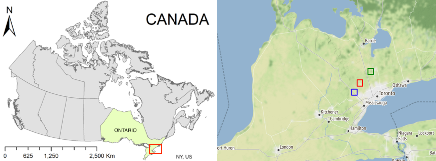 Map of Canada and southern Ontario showing the locations of the three study scenes