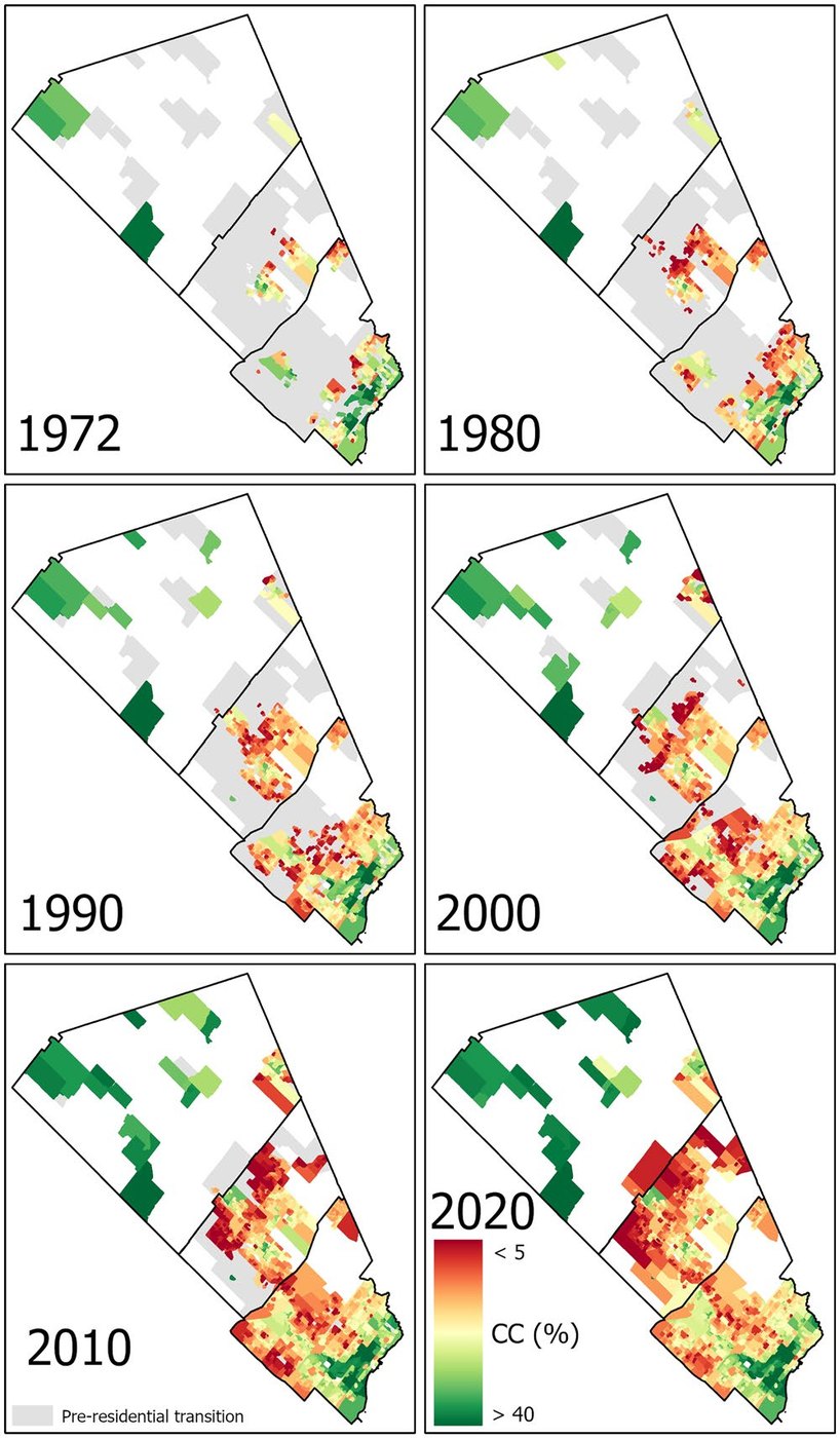 Six maps of average residential canopy cover by census dissemination area in the Region of Peel for 1972, 1980, 1990, 2000, 2010 and 2020