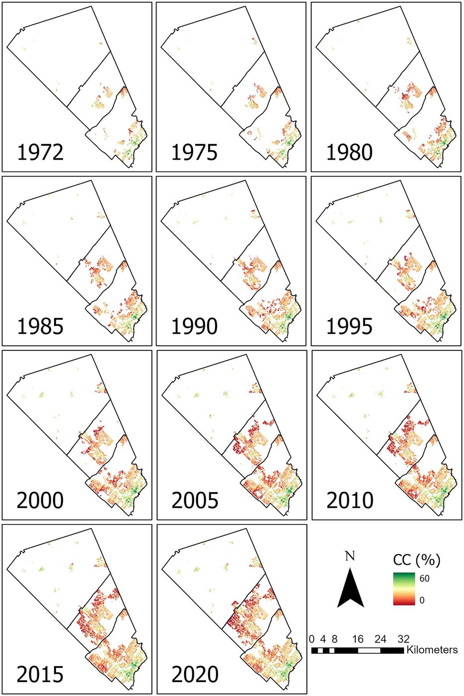 Eleven maps of residential tree canopy cover in the Region of Peel for 1972 and every fifth year from 1975 to 2020