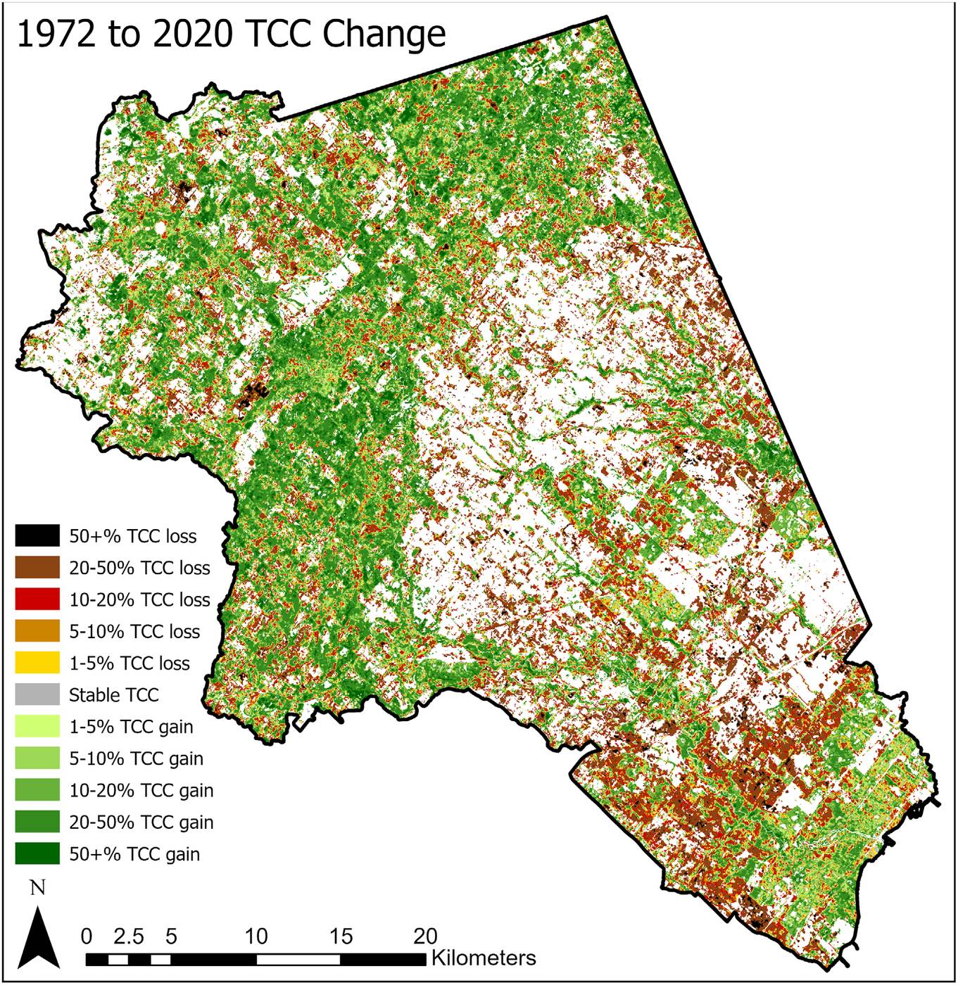 Map of tree canopy cover change between 1972 and 2020, in classes from more than 50% loss to more than 50% gain