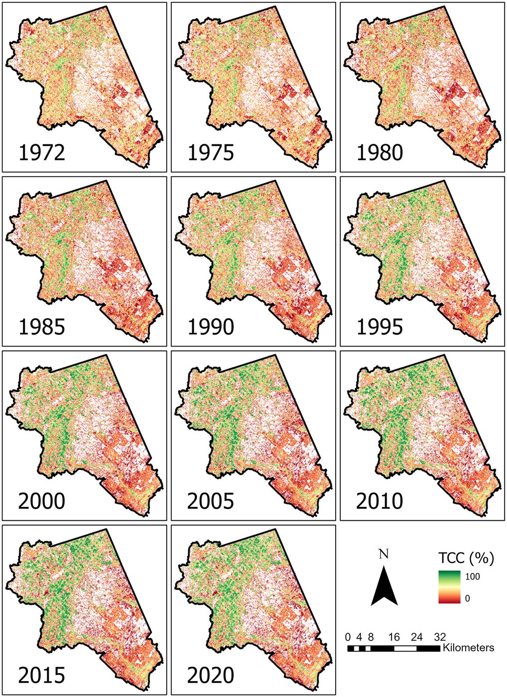 Eleven maps of percent tree canopy cover across the Region of Peel and Credit River Watershed for 1972 and every fifth year from 1975 to 2020