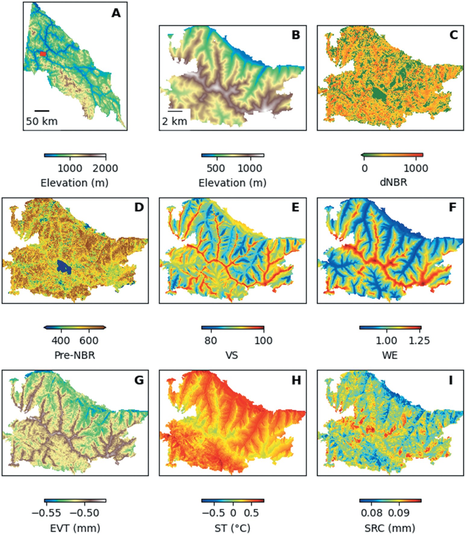 Nine map panels for one fire: location, elevation, dNBR, pre-fire NBR, visible sky, wind exposition index, evaporation from vegetation transpiration, soil temperature and skin reservoir content