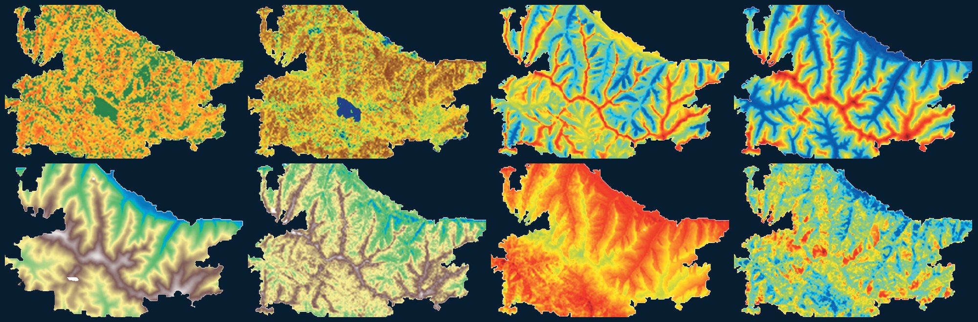 Mosaic of 30 m map panels for one Yukon wildfire showing burn severity, elevation and driver variables
