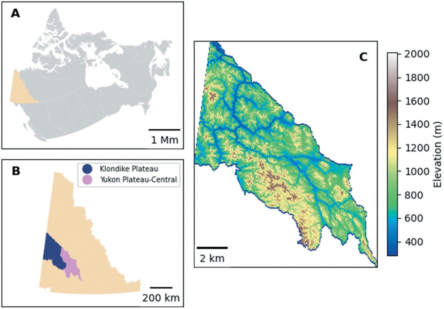 Maps showing the Yukon within Canada, the Klondike Plateau and Yukon Plateau-Central ecoregions, and the elevation of the study area